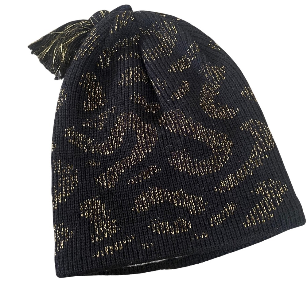Vtg Beanie Hat 100% Wool Black Gold Knit Leopard Design Tassel Fleece Lined